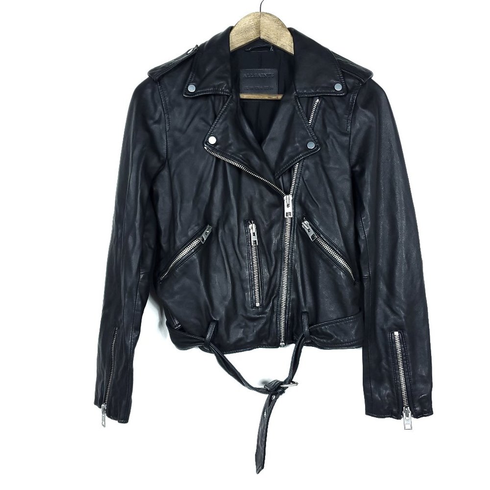 All Saints Black Leather Moto Jacket with Notched Lapel